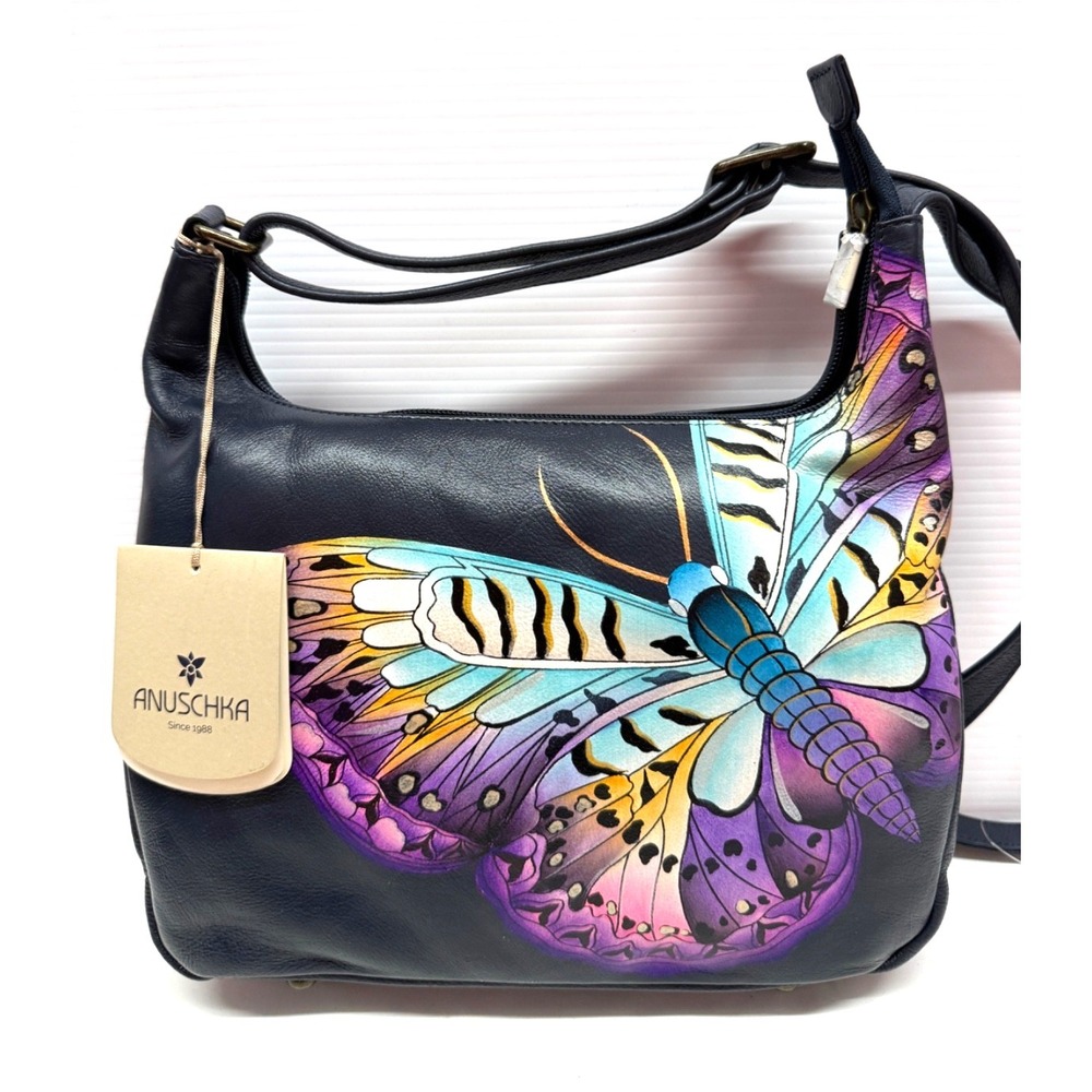 New Anuschka "MAGICAL WINGS" Butterfly Leather Navy Crossbody Shoulder Bag